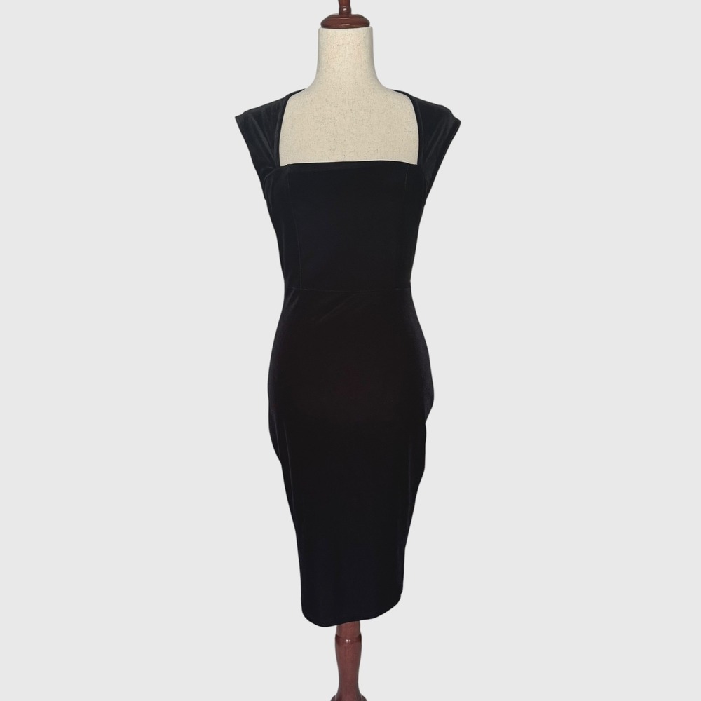 Privy Charlotte Russe Black Velvet Square Neck Midi Sheath Dress NWT 4 6 vampy